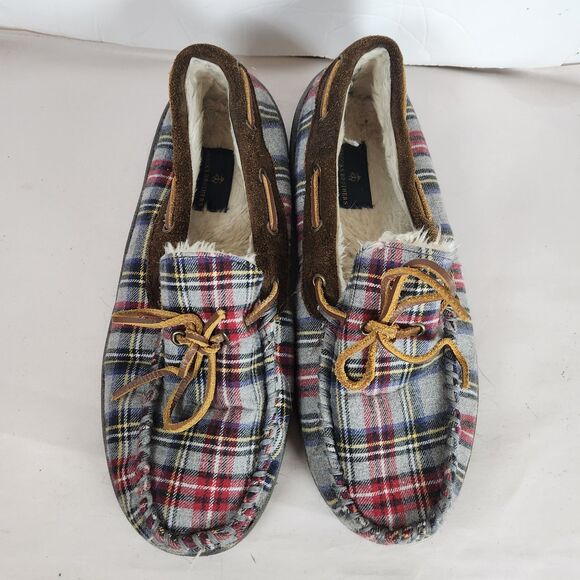 Brooks‎ Brothers Slippers Mens Size 12M Gray  Plaid Textile Leather sherpa Lined main image 3